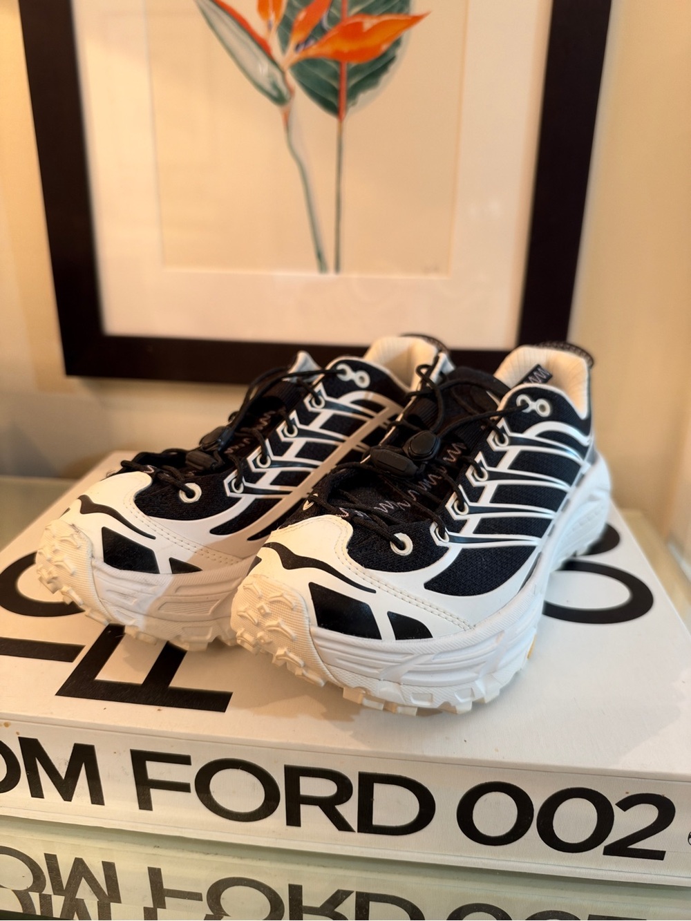 Hoka One One Black and White Trail Running Sneakers